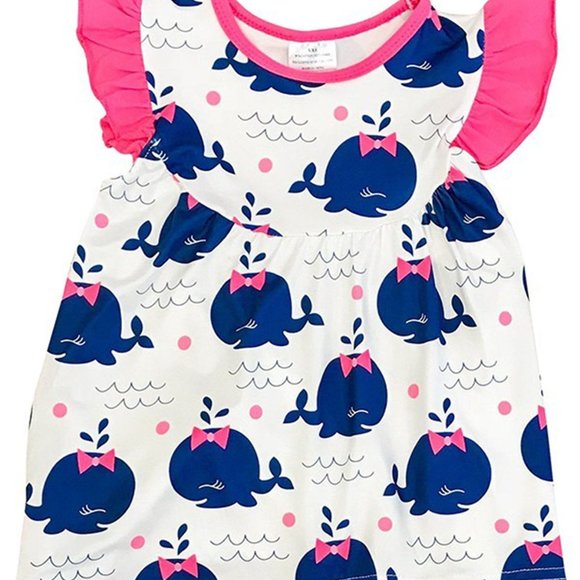 Little Girls Cap Sleeve Ruffle Whale Bow Beach Summer School Top T-Shirt Tee New - Picture 2 of 4